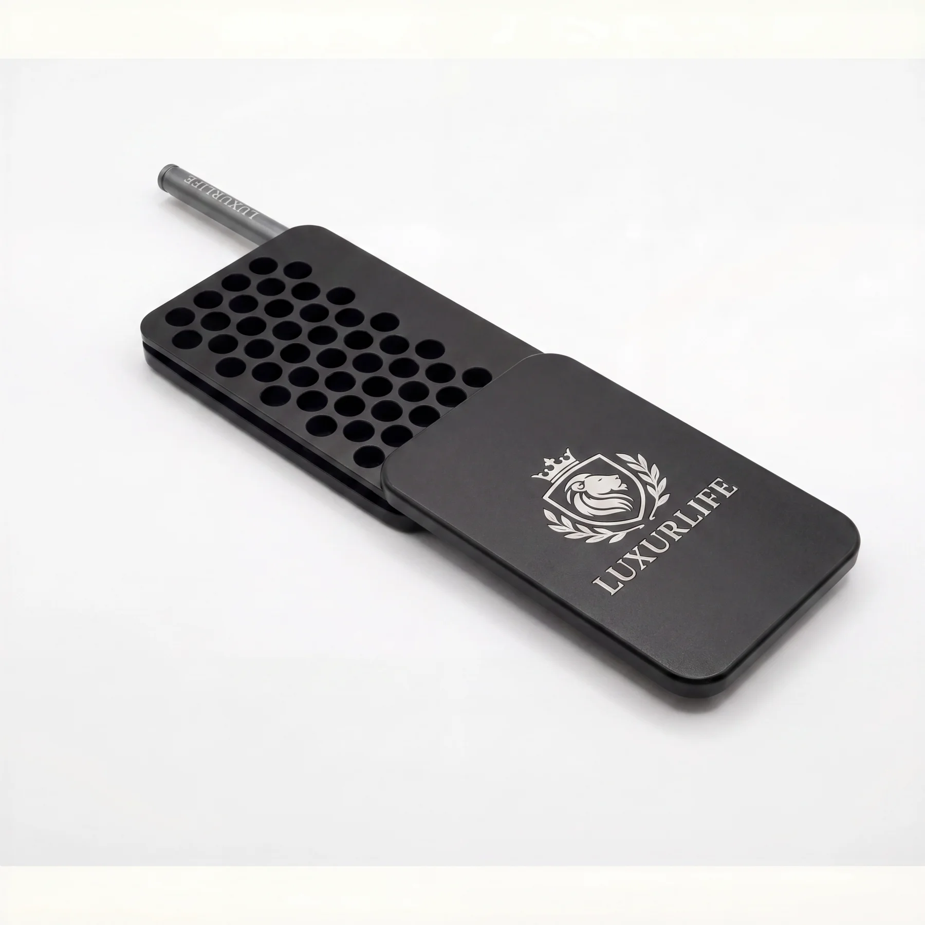 Slim 45-Hole Metal Snuff Box with Laser-Engraved Lion Crest, Gift Set,Snuff Kit view 2