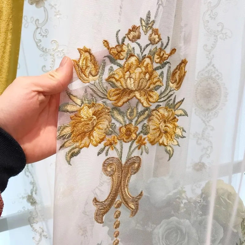 Custom Size European Elegant Romantic Yellow Embroidery Craft Embroidery White Tulle Curtains for Living Dining Room Bedroom