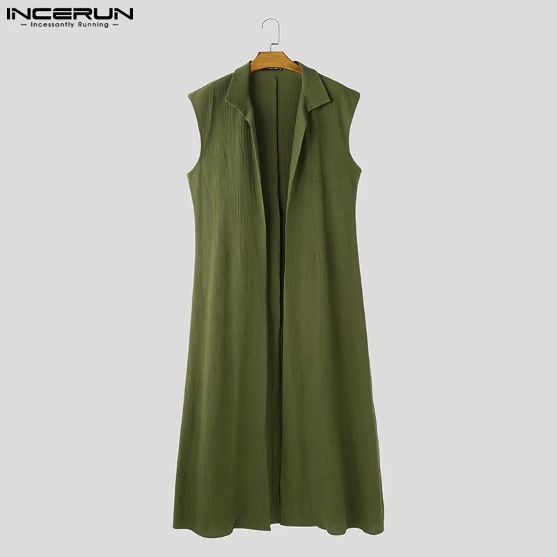 INCERUN, camisas de manga larga para hombre, cárdigan informal sin mangas con cuello levantado liso para hombre, ropa de calle 2021, prendas de vestir exteriores de punto abierto a la moda