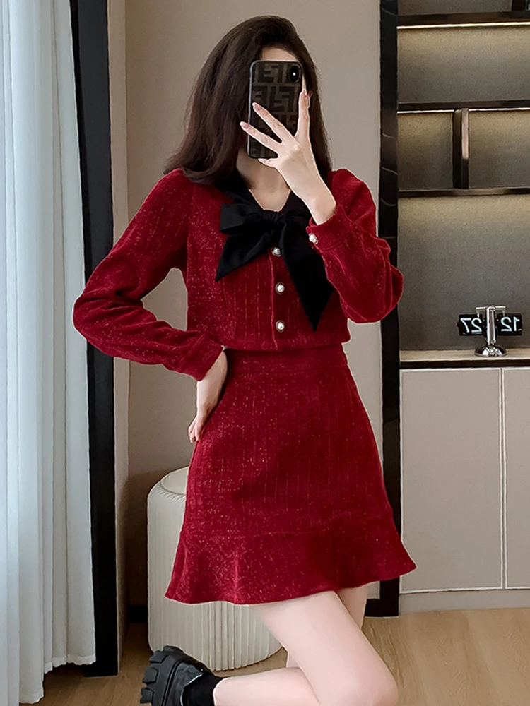 Autumn Winter Velvet Two Piece Set New Fashion Sweet Lace Up Bow O Neck Single-Breasted Short Tops + High Waist Mini Skirt Suits