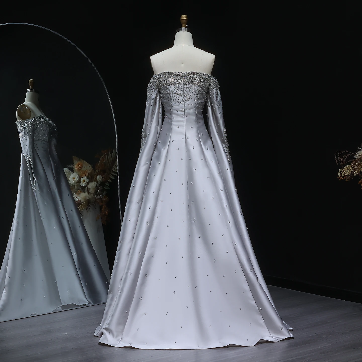 Sharon Said Elegant Off Shoulder Gray Arabic Evening Dress with Cape Sleeve Luxury Dubai for Women Wedding Party SS575 Custom image 3