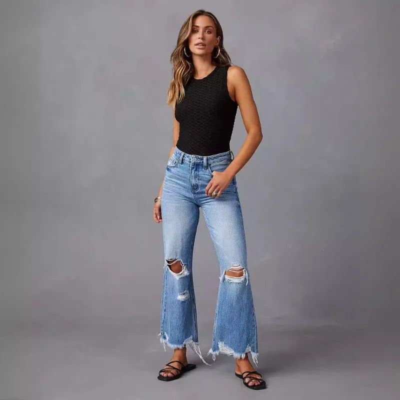 

2025 New Blue Wide-leg Pants, Washed Tie-Dye Ripped High Waist Jeans, Casual Stretch-Free Straight Leg Women's Trousers