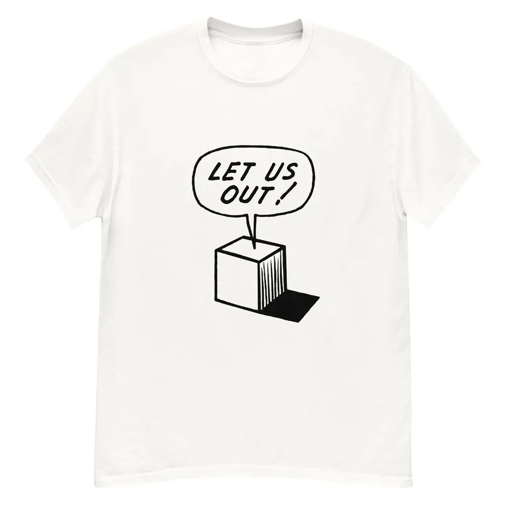 Funny vintage comic panel of a box “Let us out!” t-shirtHigh Quality 100%Cotton Short Sleeve