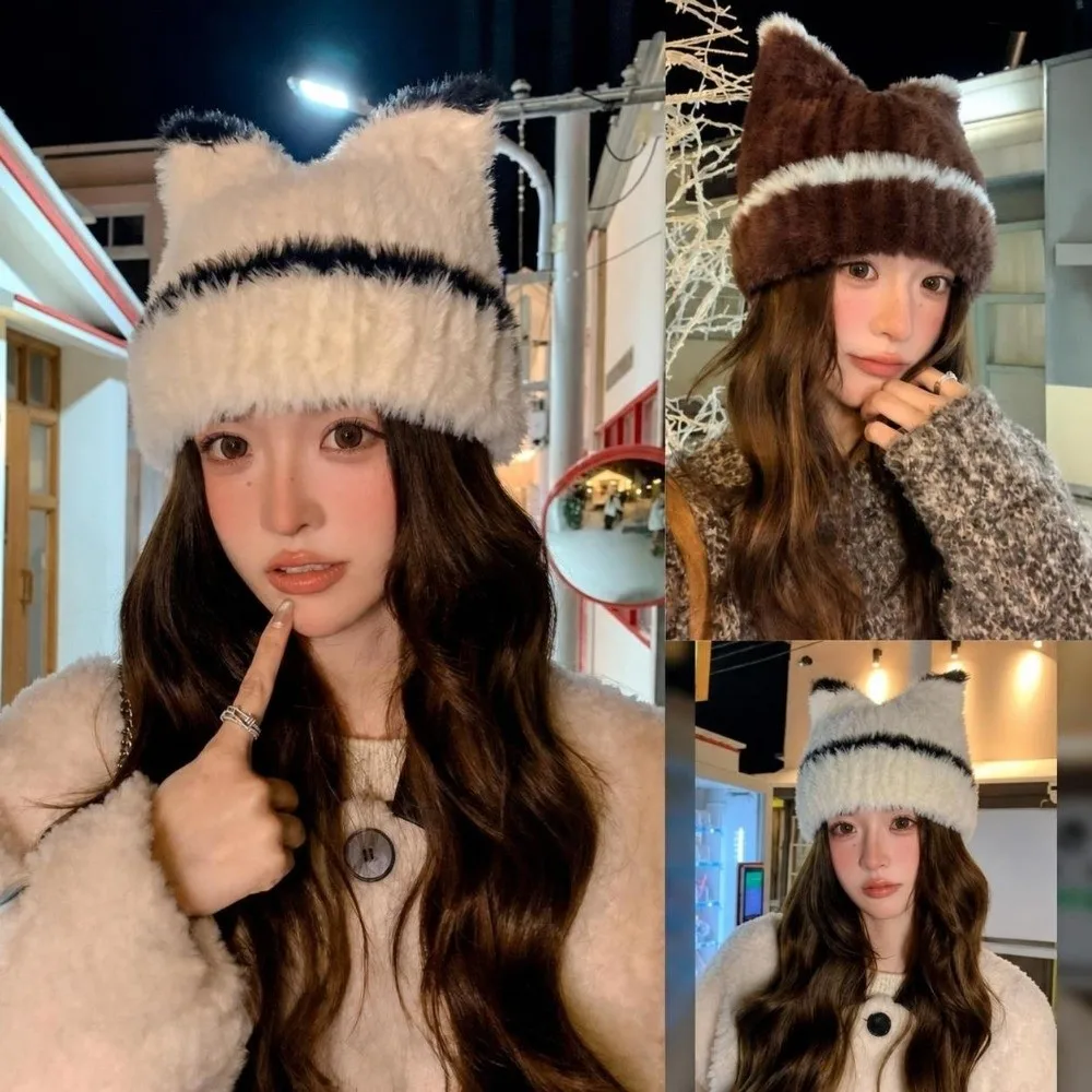 Cute Ear Warm Knitted Hat Windproof Lining Pullover Hat Cold Proof Ear Protection Cap Winter