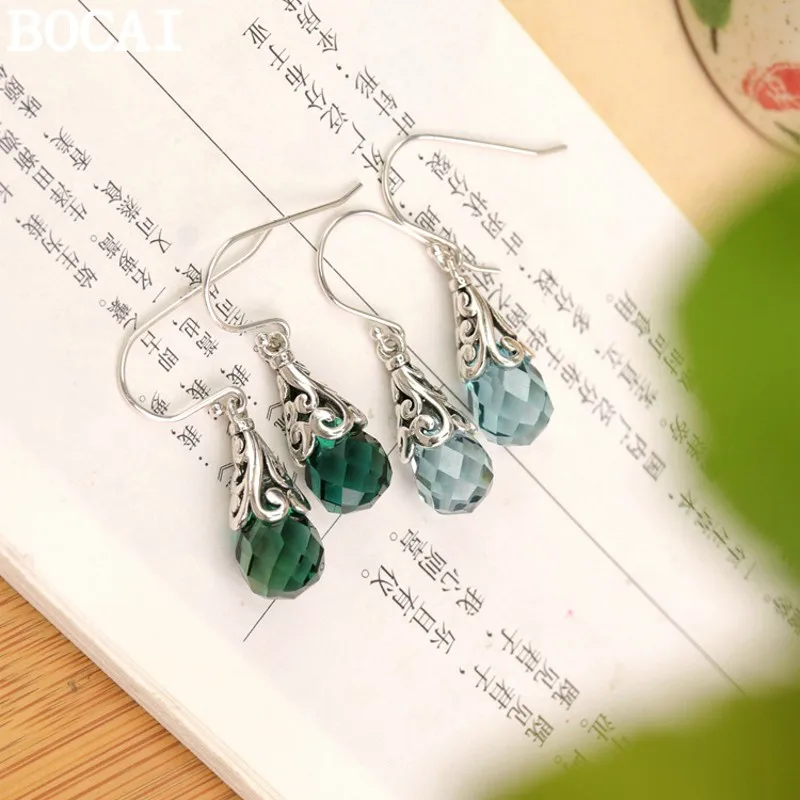 BOCAI New S925 Sterling Silver Jewelry Vintage Fashion Hollowed Out Patterned Droplet Shaped Crystal Earrings Women's Select