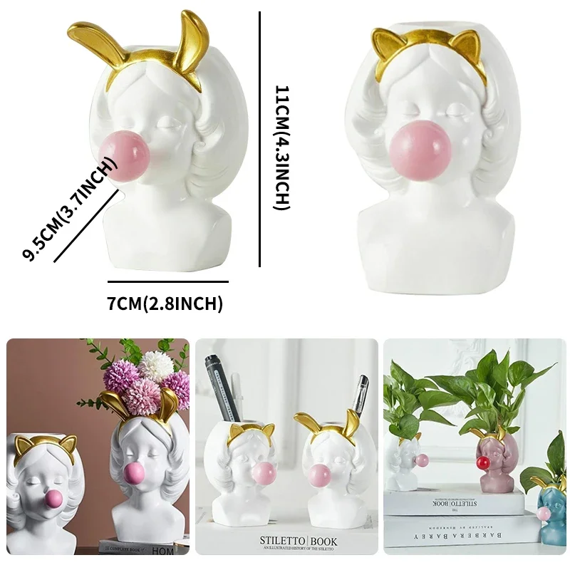 Modern Nordic Resin Human Face Vase Cute Girl Blowing Bubbles Decorative Flower Pot Succulent Flower Pot Home Tabletop Decor