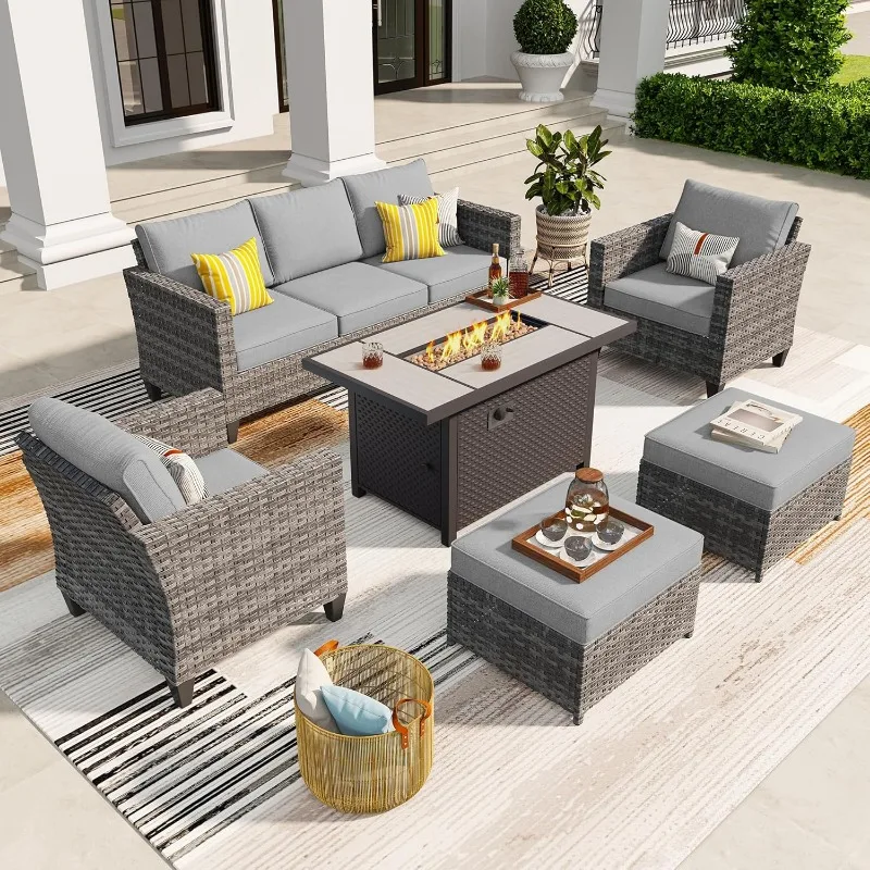 

6 Pieces Patio Furniture Set with Fire Pit Table, Outdoor Wicker 3-Seat Sofa with Comfy Cushion, High Back Rattan Conversation