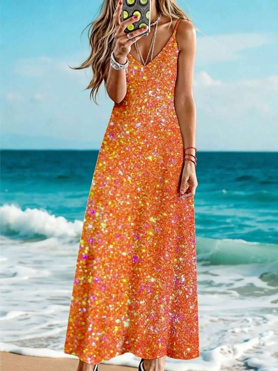 

Women Sleeveless Maxi Dress Orange Floral Print Summer Beach Vacation Outfit