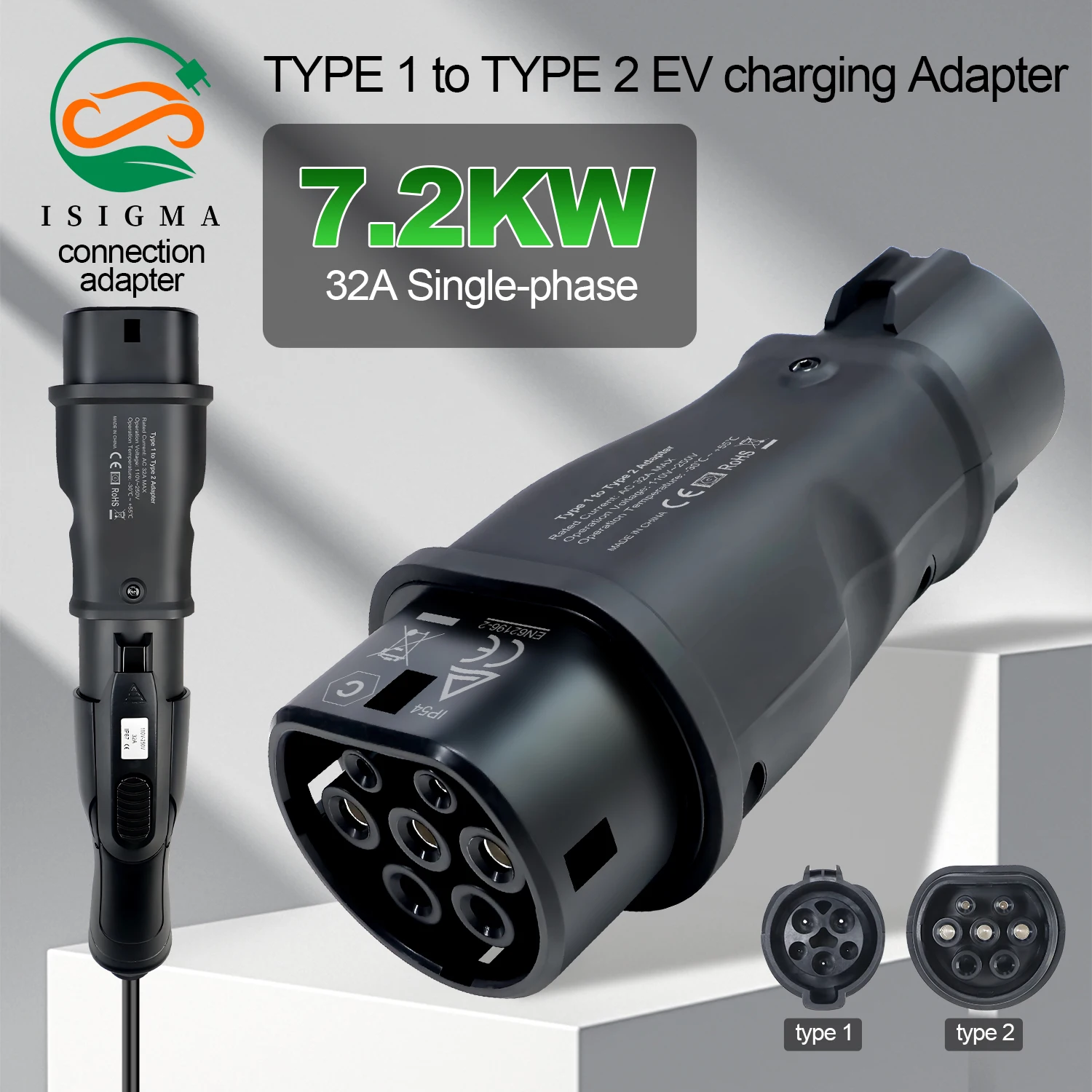 ISIGMA 32A 7.2kw Type 1 To Type 2 Adaptor EV Charger Sae 1772 To IEC 62169-2 Connector For EU Electric Vehicle Car Home Charging