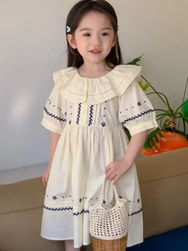 Retro Embroidery Kids Dresses Korean Style Loose Elegant Girls Casual Dress Puff Sleeve Spring Summer Children Clothes