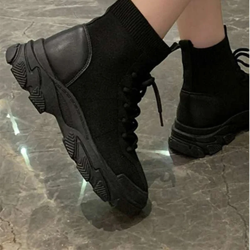 Nuovi stivali di moda donna stivaletti alla caviglia con lacci scarpe da ginnastica Casual scarpe con plateau donna PU calzini antiscivolo scarpe