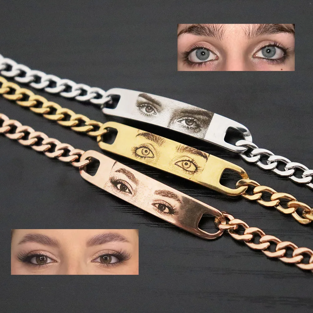 Customized Photo Engraved Couple Bracelet Personalized Laser Engraved Eye Picture On Stainless Steel Chain Jewelry Couples Gifts