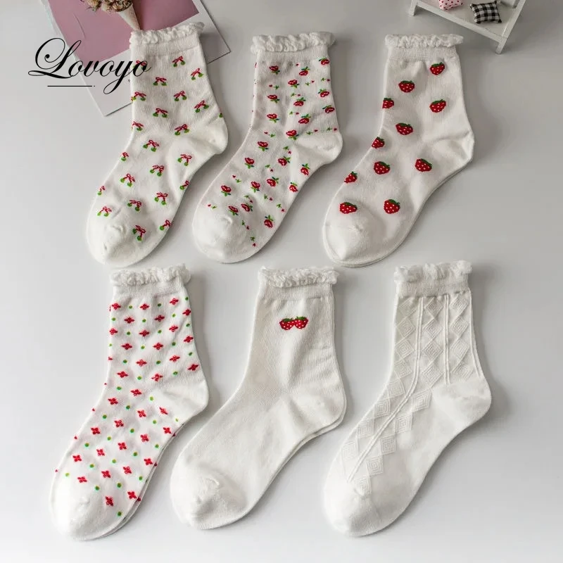 Strawberry Cherry Cotton Cartoon Women Socks Heart Flower Prints Socks Cute Animal Funny Ankle Ladies Invisible  White Soks