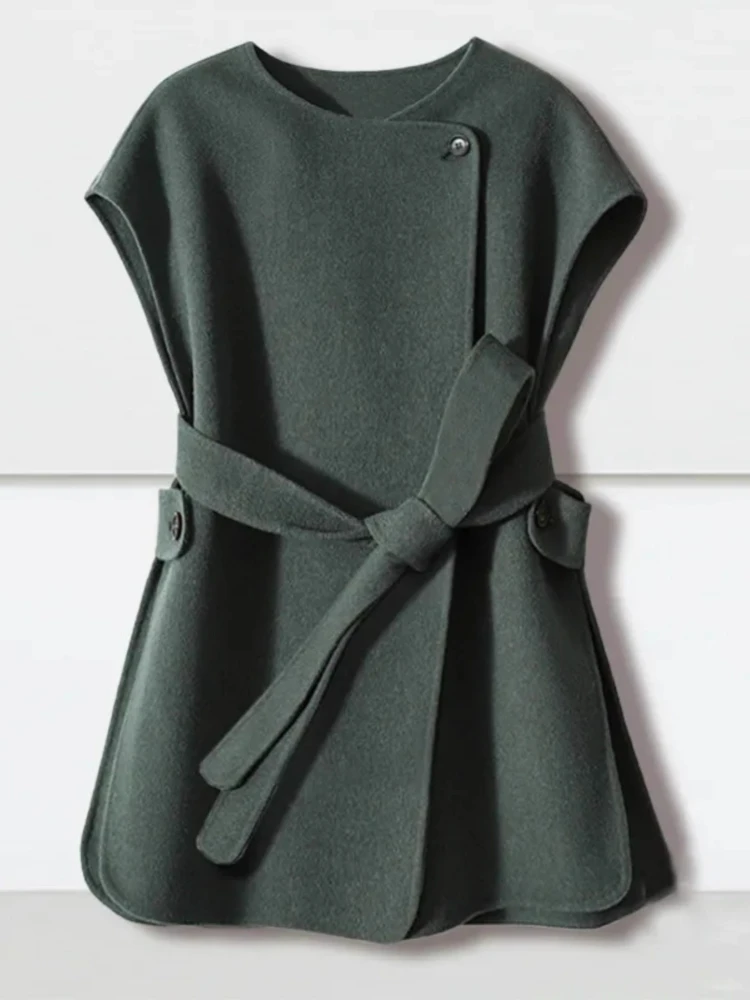 

2025 Autumn Winter New Coats Vests Solid Color Lace-up Sleeveless Woolen Vest Fashion Elegant Female Slim Design Women Clothing