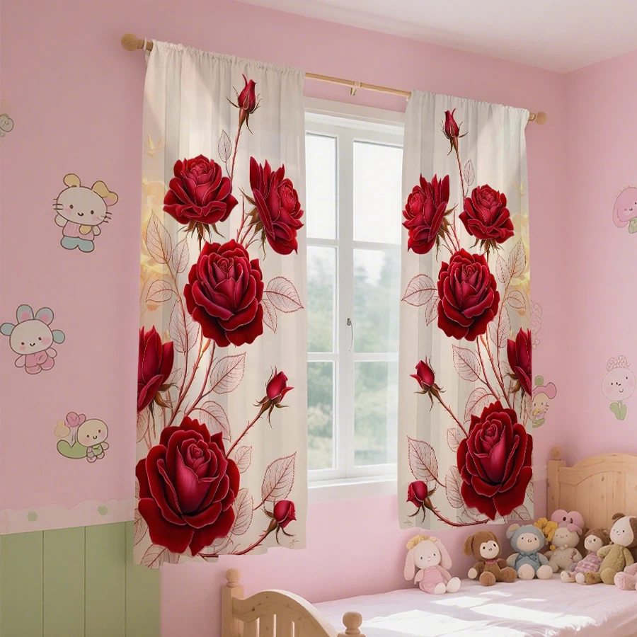 2pcs Elegant Red Rose Curtains Romantic Floral Design Sheer Light-Filtering Fabric Living Room Bedroom Window Decor