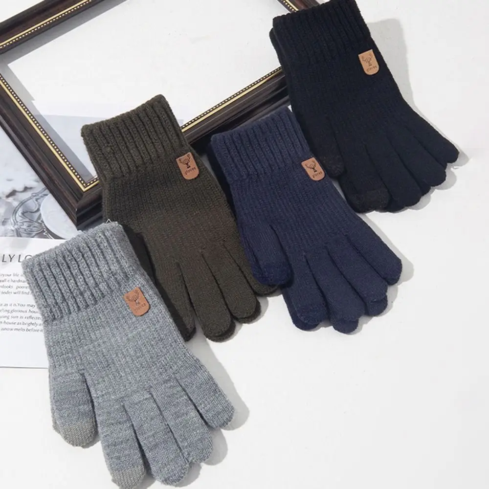 Sarung tangan rajut pria tebal, sarung tangan wol tahan angin dingin layar sentuh untuk semua jari musim gugur musim dingin