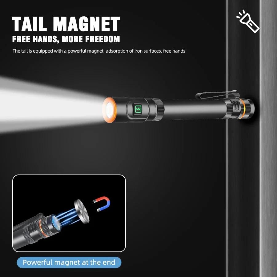 USB Перезаряжаемый фонарик, суперъяркий, 6 режимов, USB-фонарь с зажимом для ручки, магнитная работа, фонарь для кемпинга и рыбалки