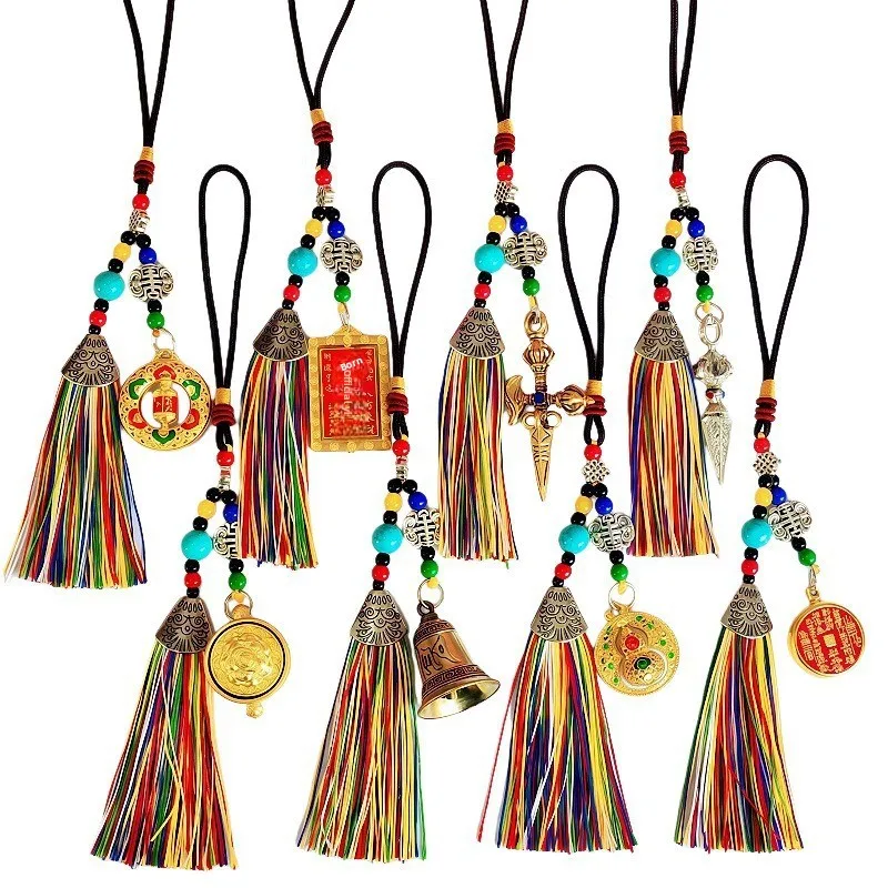 Chinese Traditional Tibetan Style Five Way God Of Wealth Colorful Tassel Bell Hanging Ornament Lucky Blessing Wealth Attracting