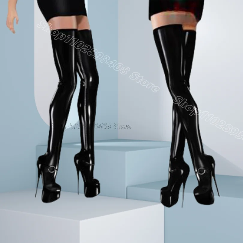 

Black Platform Ring Decor Boots Round Toe Stiletto Fashion Spring British Style Women Over Knee Boots 2024 Zapatos Para Mujere