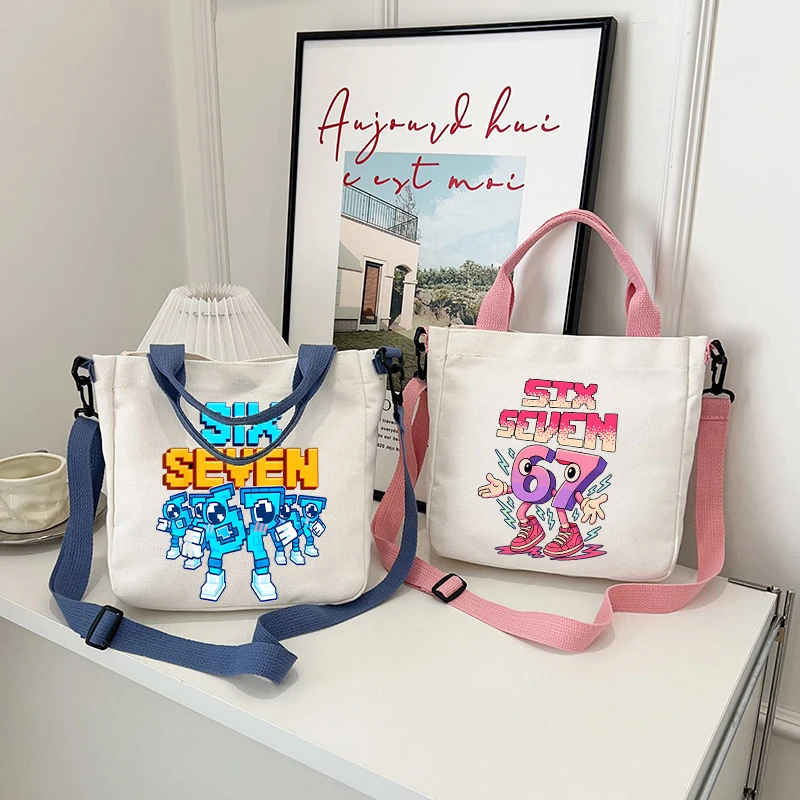 

Забавные холщовые женские сумки Six Seven Steal A Brainrot, мягкая ручная сумка-тоут для девочек, милая студенческая сумка через плечо, чехол на плечо