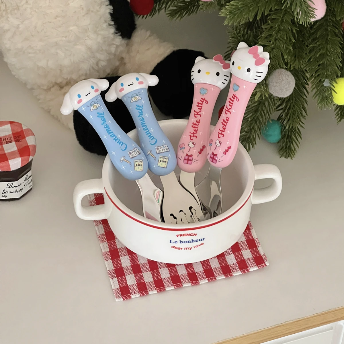 New Kawaii Children Kuromi Cinnamoroll Tableware Cartoon Hello Kitty My Melody Silicone Handle Tableware Set Fork Spoon Kid Gift