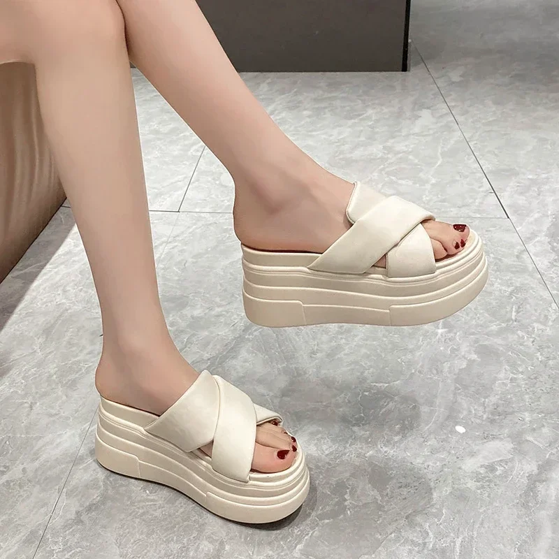 High Platform Slippers For Women Open Toe Leather Wedges Chunky Sandals New 2024 Summer Thick Bottom Female Beach Flip Flops 9CM