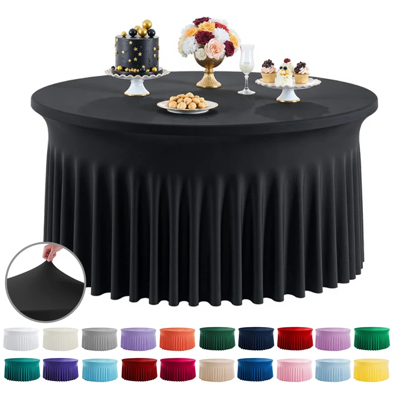 

Pleated Wave Spandex Round Tablecloth Elastic Skirted Cover 4/5/6FT for Banquet Wedding Baby Shower Stain-Resistant Easy Care