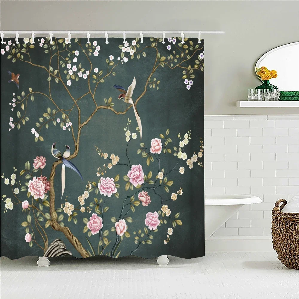 Chinese style Flowers Birds Shower Curtain Bathroom Curtains With Hooks 180X180CM Waterproof Fabric Decor Bath Screen with Hooks