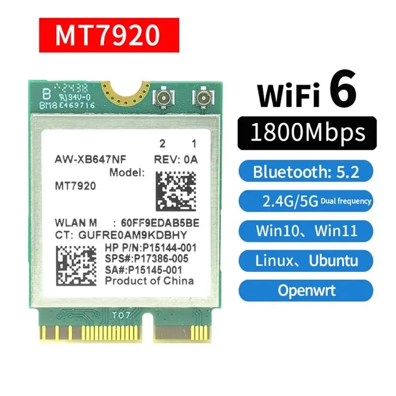 MT7920 WIFI6 Card 1800Mbps Bluetooth5.2 2.4G/5.8G M.2 NGFF Wireless WiFi Adapter Card for Win10/Win11+8DB Antenna Kit