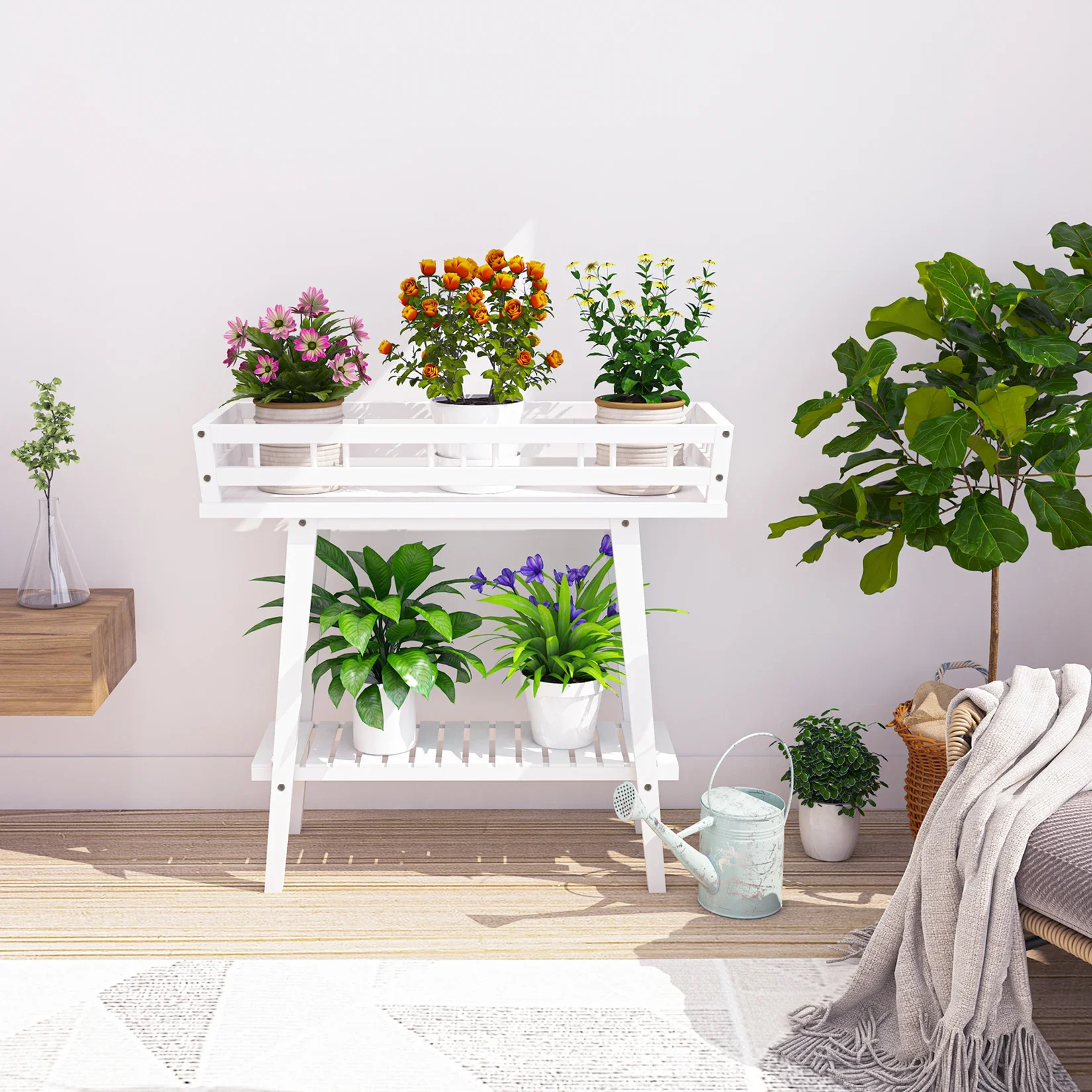 White Plant Shelf Indoor, 2 Tier Tall Plant Stand Table for Multiple Plants, Window Table for Plants