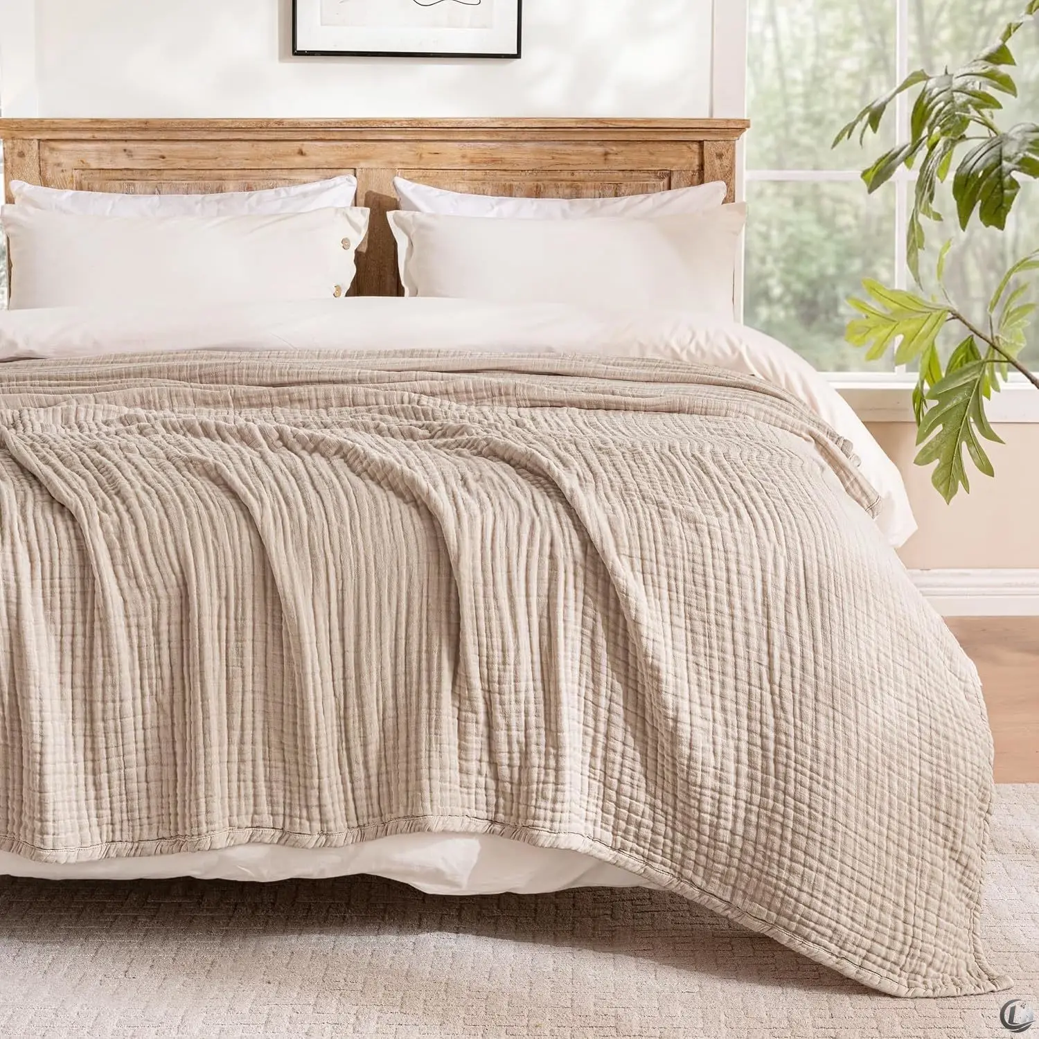 100% Cotton Muslin Blanket 6-Layer Soft Breathable Bed Blanket Queen Size Khaki Lightweight Summer Blanket