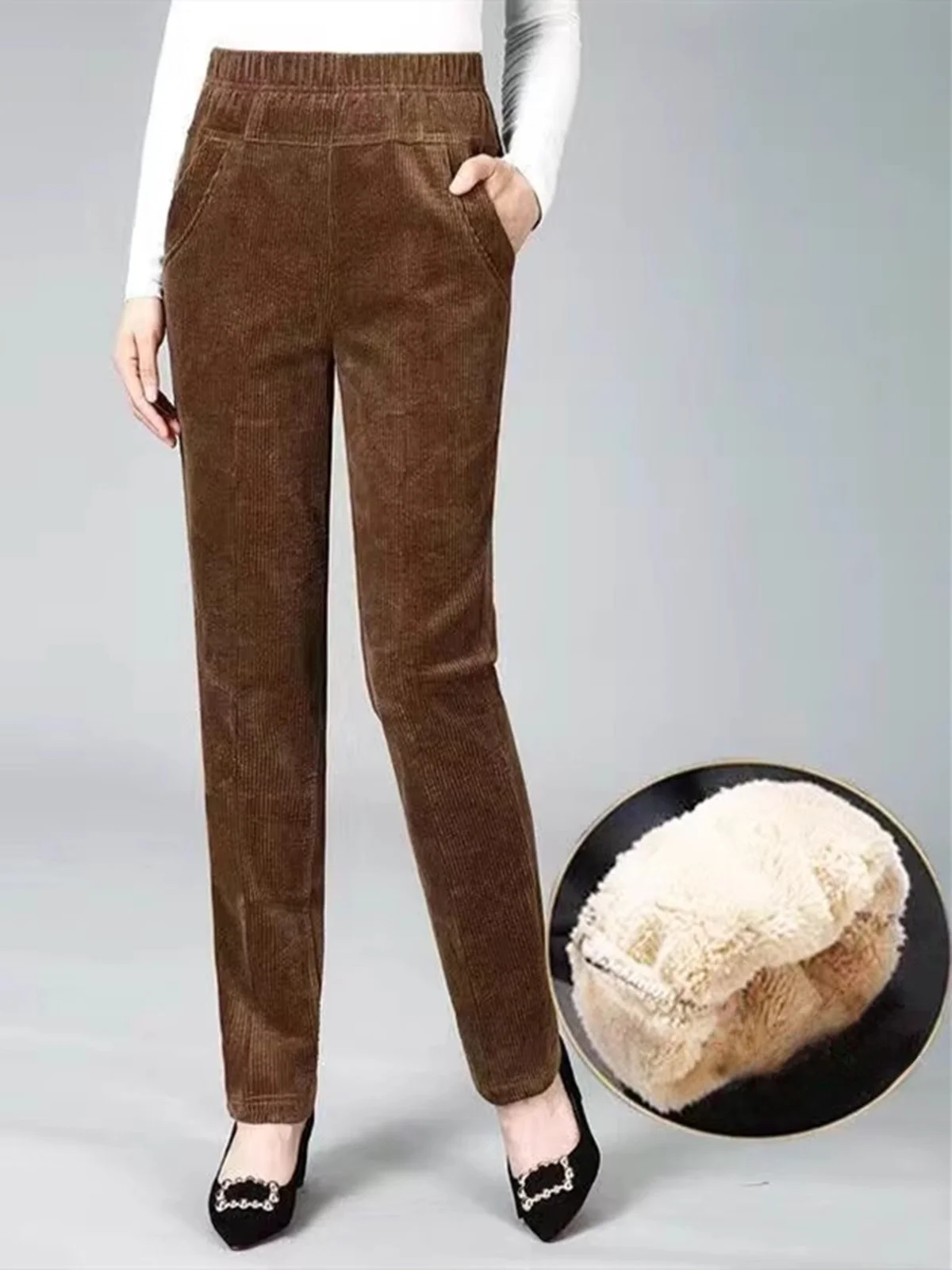 بنطلون هارلان سميك للخريف والشتاء، بنطلون نسائي كاجوال مستقيم الساق، خصر عالي، مبطن بفرو الغنم، بنطلون أمهات من القطيفة المضلعة