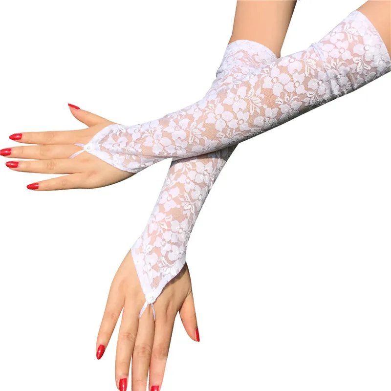 Sexy Floral Print Fingerless Long Gloves Women Stretch Lace Diamond Hook Mittens Evening Party Dress Matching Accessory