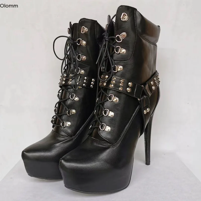Olomm Handmade Women Ankle Boots Sexy Stiletto High Heels Boots Pointed Toe Elegant Black Party Shoes Women Plus US Size 5-15