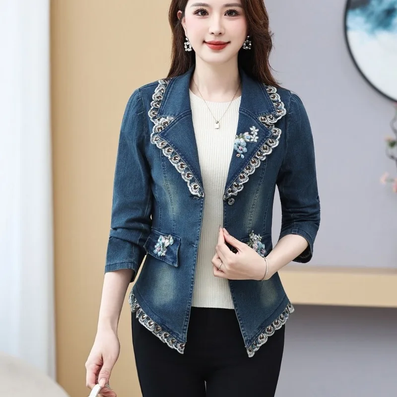 Suit Collar Denim Jacket Women's Spring Autumn New Slim-fitting Age-reducing Embroidered Retro National Style Lace Top Exquisite