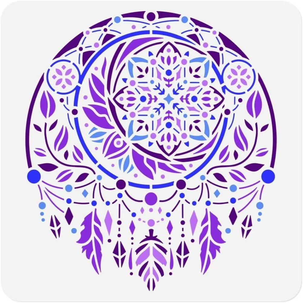 1pc Dreamcatcher Mandala Wall Stencil for Painting 11.8”x11.8” Feather Dream Catcher Reusable Stencil for Wood Burning Paint