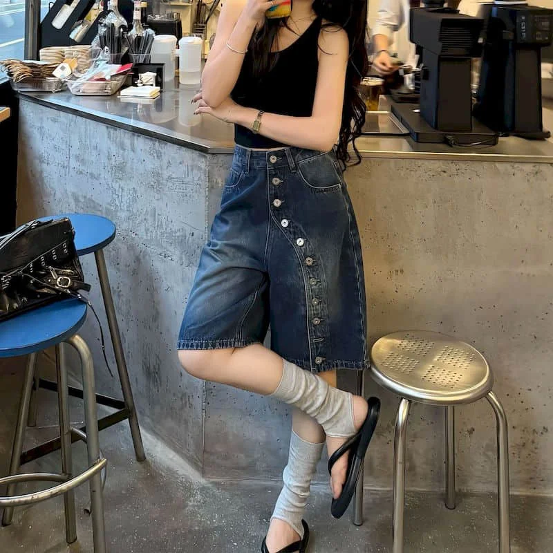 

Denim Wide Leg Pants Loose 2026 Summer Sale Five-point Pants Button Design American Style Jeans Vintage Women Baggy Y2k Clothes