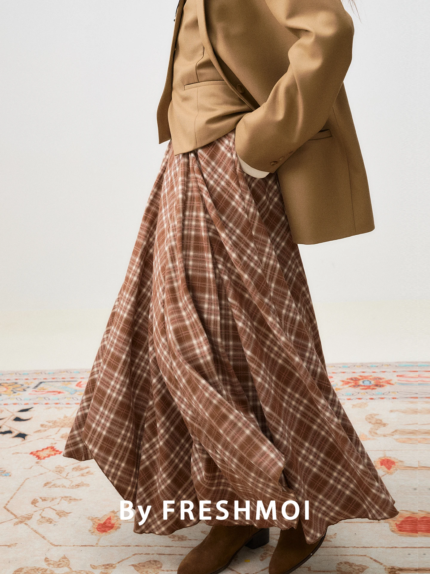 

Fre Moi Autumn Winter Vintage Lazy Plaid Skirt f-length A-line Simple Sle High Waist Elastic Fabric Casual Scene