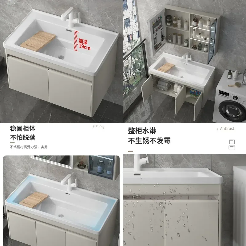 For Laundry Pool Basin Integrated Ceramic Sink with Rubbing Board Stainless Steel Cabinet Combination Balcony Household