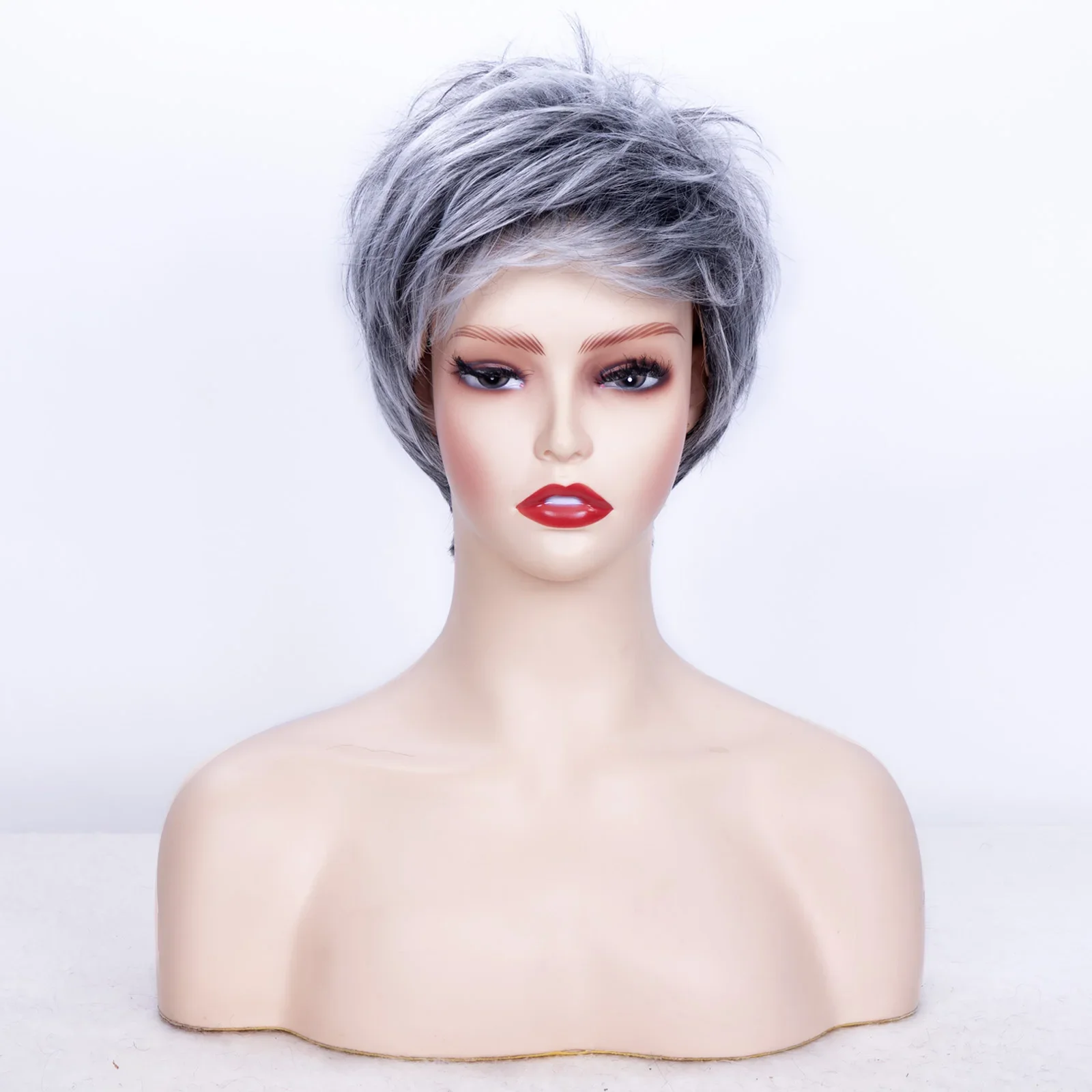 Pixie Cut Hairstyle Short Gray Wigs for Women Fashion Grey Ombre Synthetic Wigs Natural As Real Hair Heat Resistant Mommy Wigs