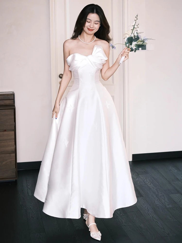 

Ele Simple Satin Bridesmaid Dr Slimming Strapl Gown for Engagement And Wedding Registration Korean Sle Long Dr
