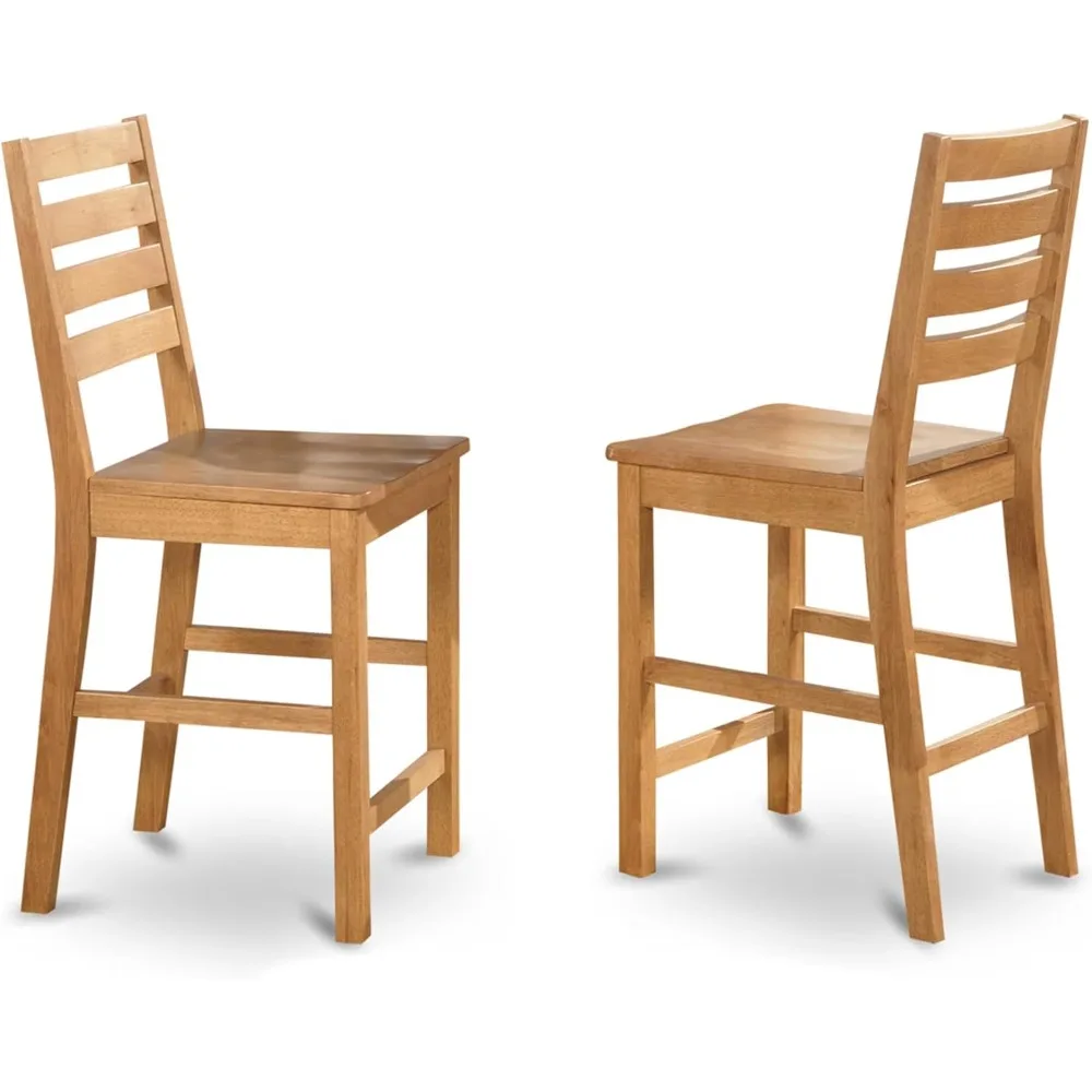 Café Counter Height Ladder Back Wood Seat Chairs - Set of 2, Oak Finish for Dining and Kitchen