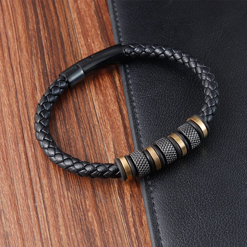 New Style Male Bracelet with Stainless Steel Beads Punk Braided Leather Bracelets Jewelry for Men 2022 Surprise Gift