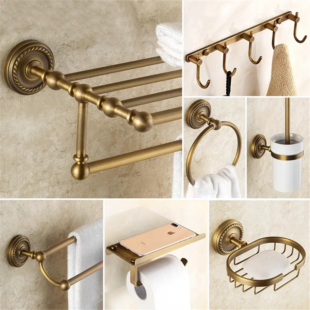 

Towel Rack Retro Brass Antique Bathroom Accessories Washroom Tissue Box Holder Hook Hardware Kit L24035