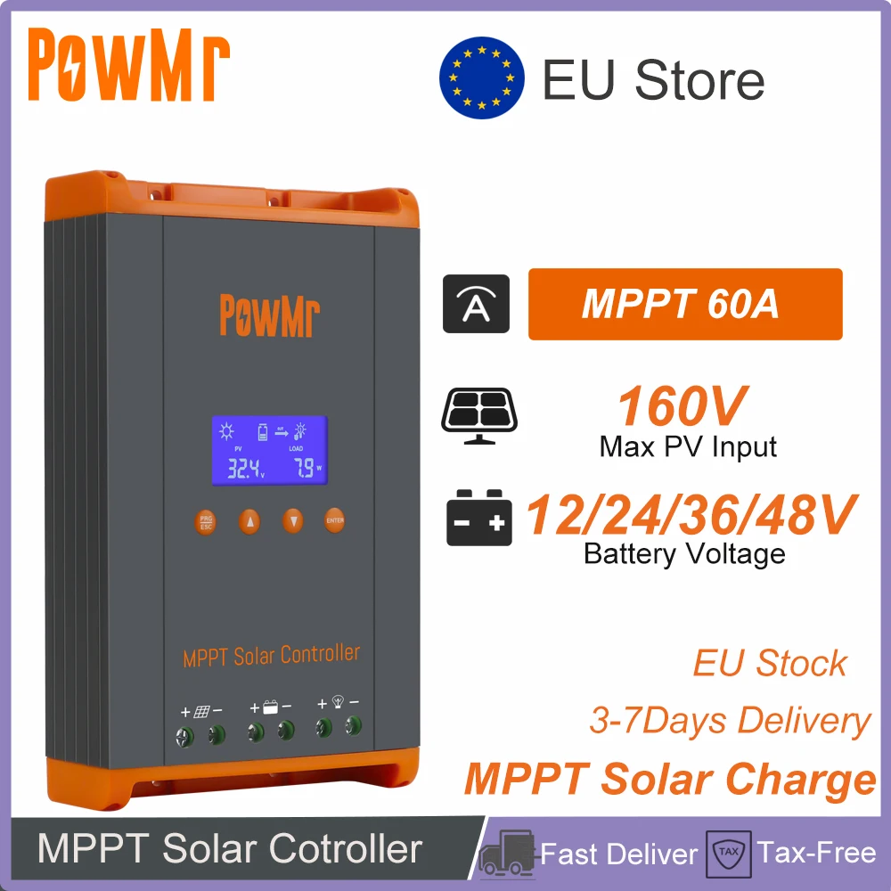 PowMr 60A MPPT Solar Charge Controller 12V 24V 36V 48V Solar Panel Input 160Vdc Max 12 Units In Parallel Lifepo4 Support 3 Stage