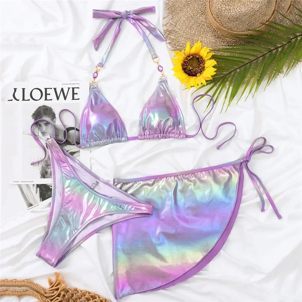 Purple Shiny Crystal Swimwear with Cover Up 3 Piece Bikini Set Sexy Micro Thong Swimsuit Women Beachwear String Halter Bikinis