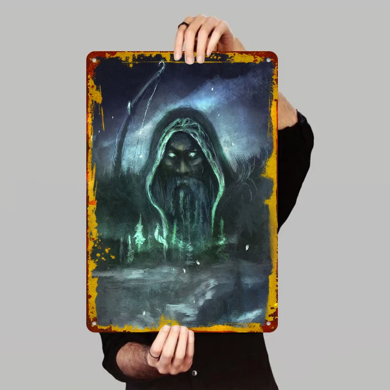 Mystic Green Flame Wizard Metal Wall Art Luminous Forest Elder Nordic Myth Decor
