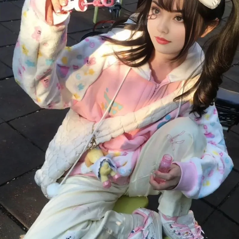 

Kawaii мультяшный принт с капюшоном, милая милая Лолита Y2k, эстетичная толстовка, повседневная толстовка на молнии в стиле Харадзюку, толстовка на флисовой подкладке, куртка