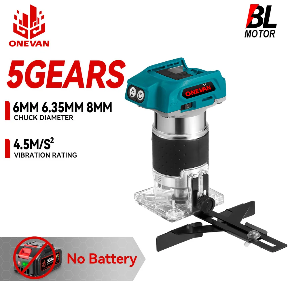 

ONEVAN 1600W Power Brushless Electric Trimmer 5 Gears Cordless Handheld Wood Engraving Router Tools For Makita Battery Pin