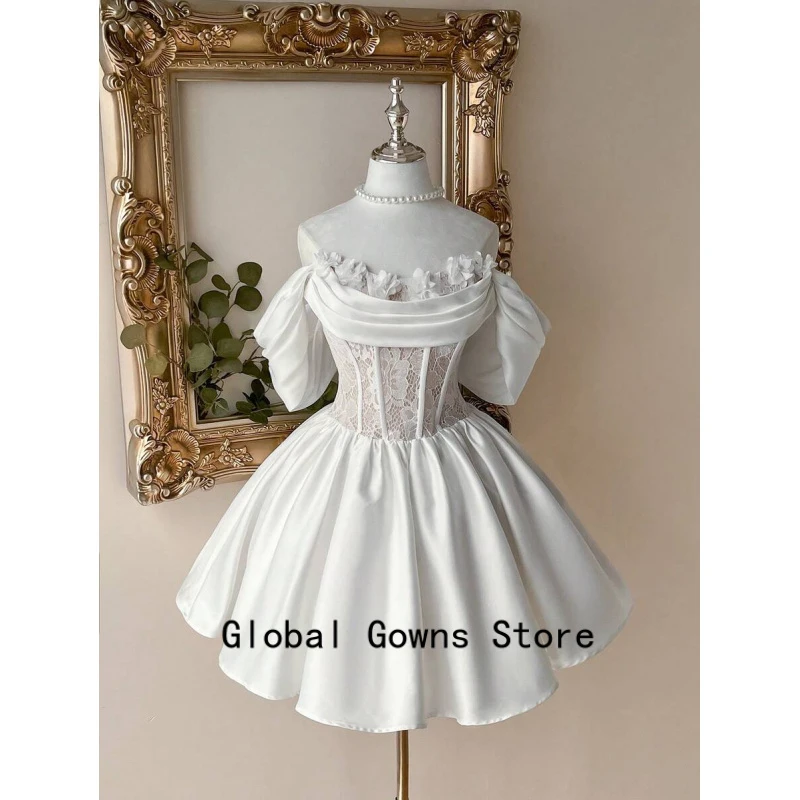 

Customized White Off-the-Shoulder 3D Floral Lace Corset A-Line Short Formal Evening Cocktail Prom Wedding Dress